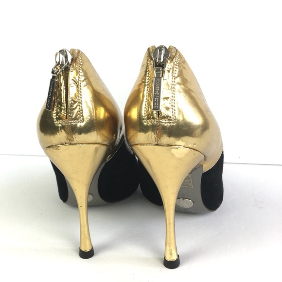 NWT Dolce & Gabbana Gold/Black Leather and Suede Peep Toe Pump Sz 36. 5 (US 6.5) - Picture 4 of 14